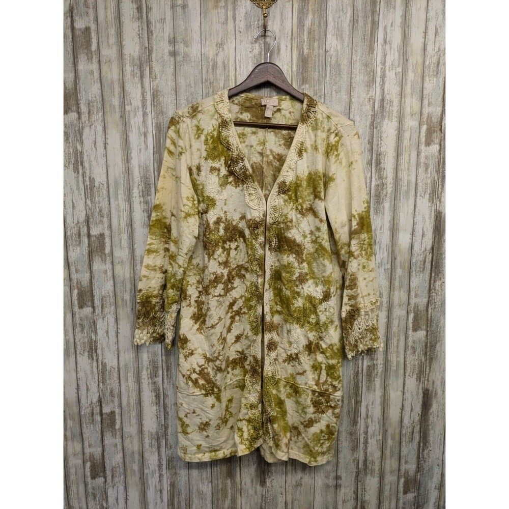 LOGO Lavish Lori Goldstein Duster Cardigan Green Gold Tie Dye Lace Fairy Small